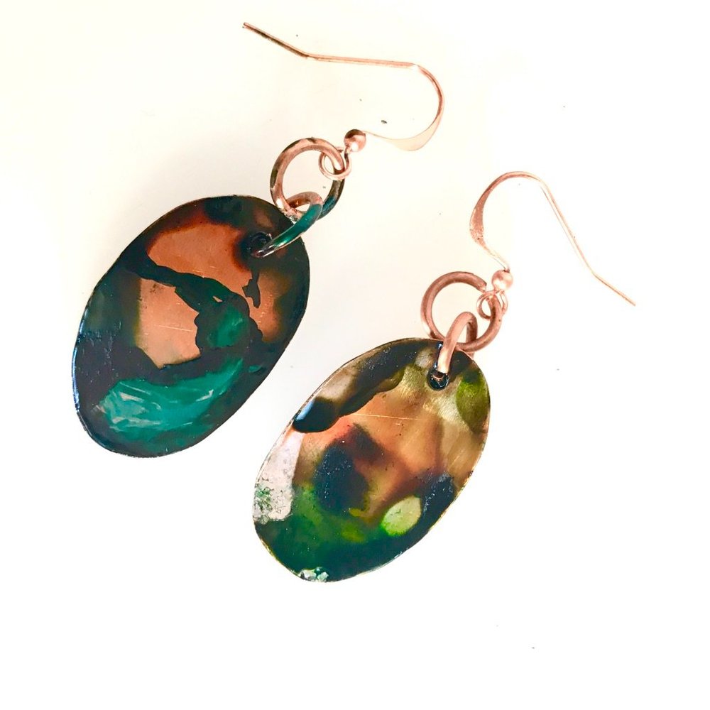 Modernist Geometric Abstract Green Blue Red Orange Solid Copper Earrings Drop - Picture 5 of 10